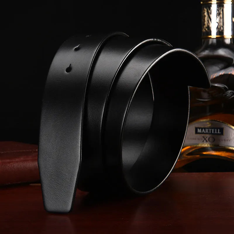 Men's headless buckle leather belt, first layer cowhide, 3.5cm wide, shown in black and coffee colour