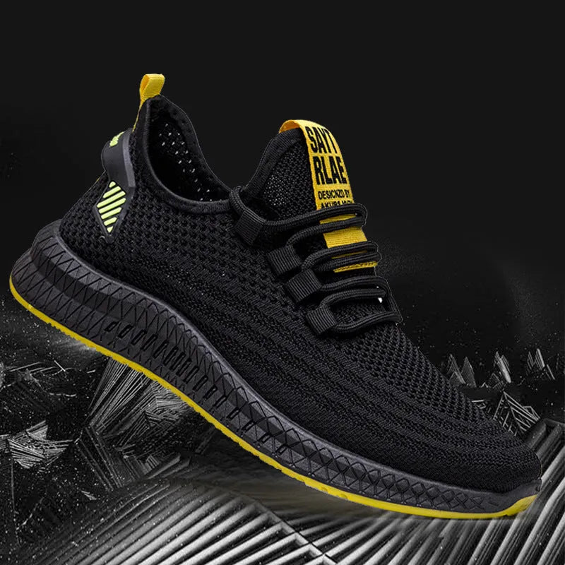 Men's flying woven sneakers with plastic sole, flat heel, round toe, in orange, white or yellow, sizes 39-44