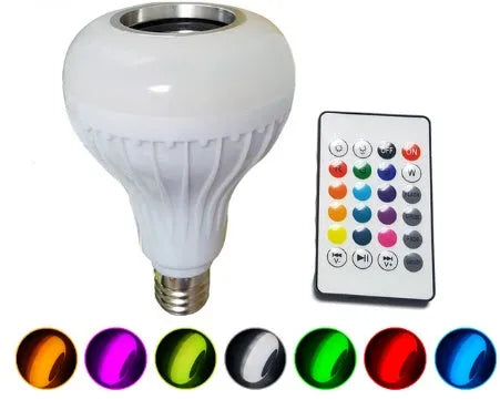 White E27 smart LED bulb with built-in Bluetooth speaker and remote control for colour-changing light.