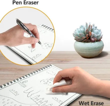 Rewritable paper notebook with black PP cover, spiral binding, and pen on a desk