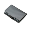 RFID anti-scanning zipper card holder in carbon fibre with plaid pattern and leather trim, showing multiple compartments