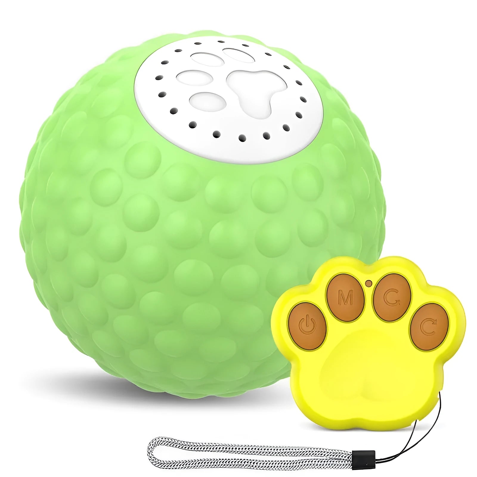 Remote control and colourful plastic ball cat toy with rolling and sound features for interactive play.