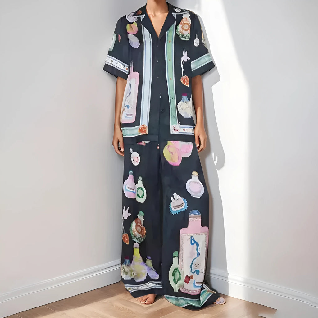 Black women's cardigan and trousers set with cartoon animation pattern