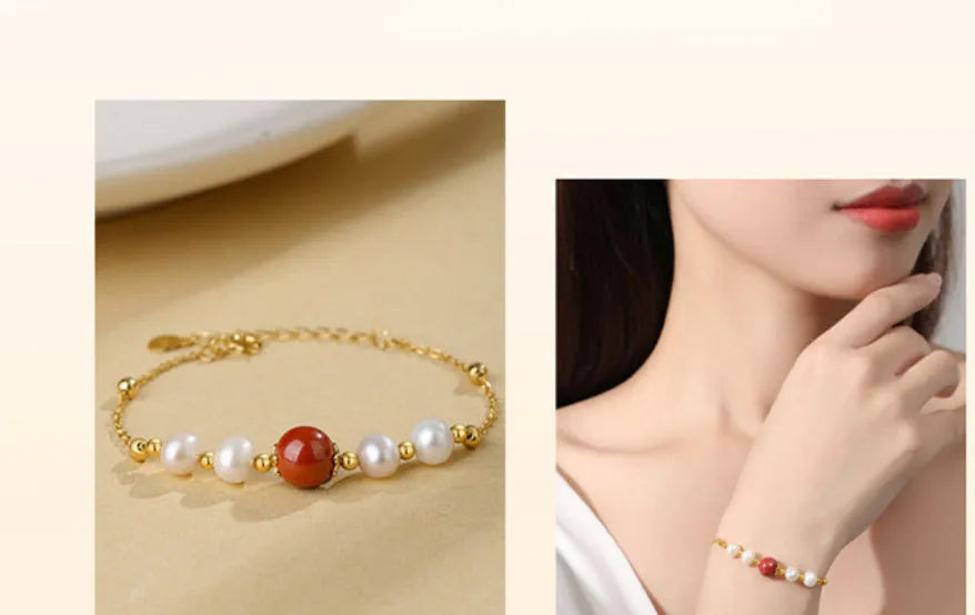 Retro women's silver bracelet with yellow red bean pearl and cinnabar beads on adjustable chain