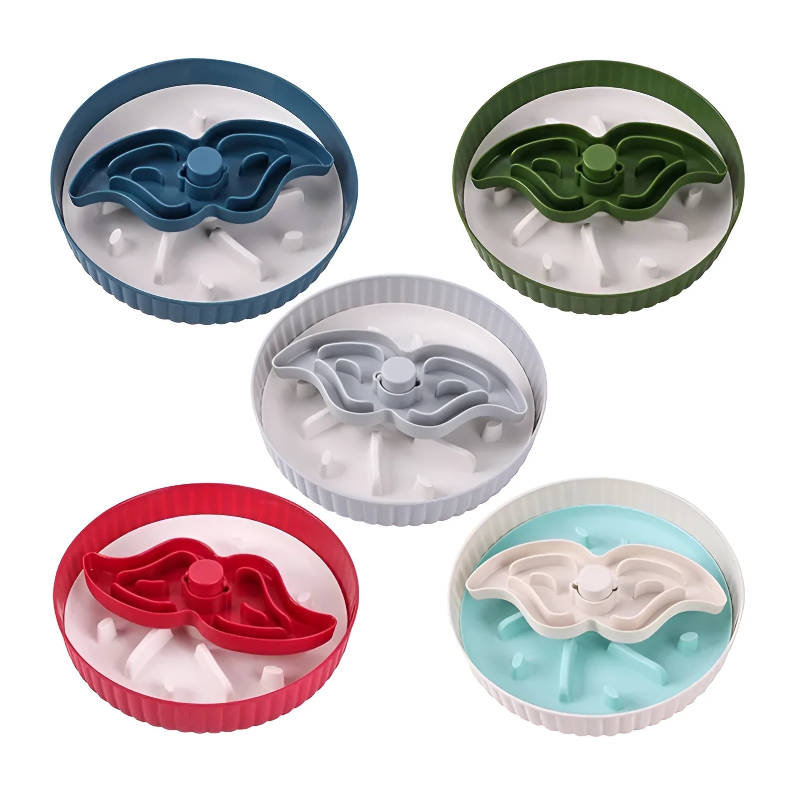 Pet slow feeder bowl with coloured plastic base and a textured silicone lick mat insert in a snowflake pattern.