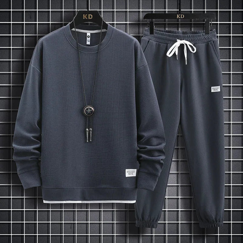Men's wool blend leisure sports suit with long sleeve top and trousers in dark gray, size M to 5XL for spring