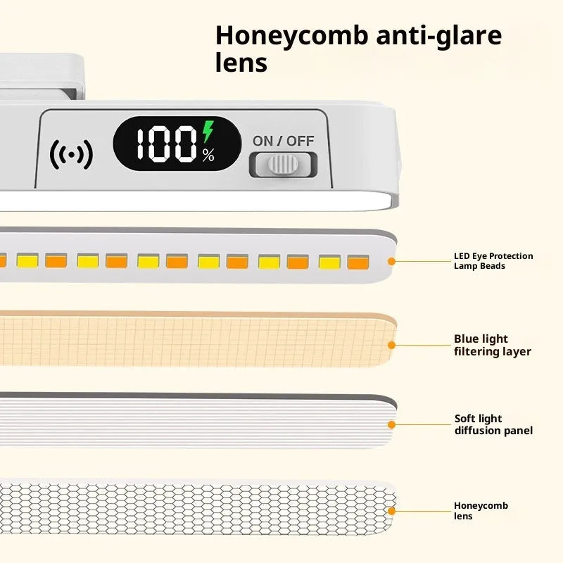 Magnetic rechargeable table lamp with long strip light bar, touch remote control, and built-in lithium battery for dormitory study use.