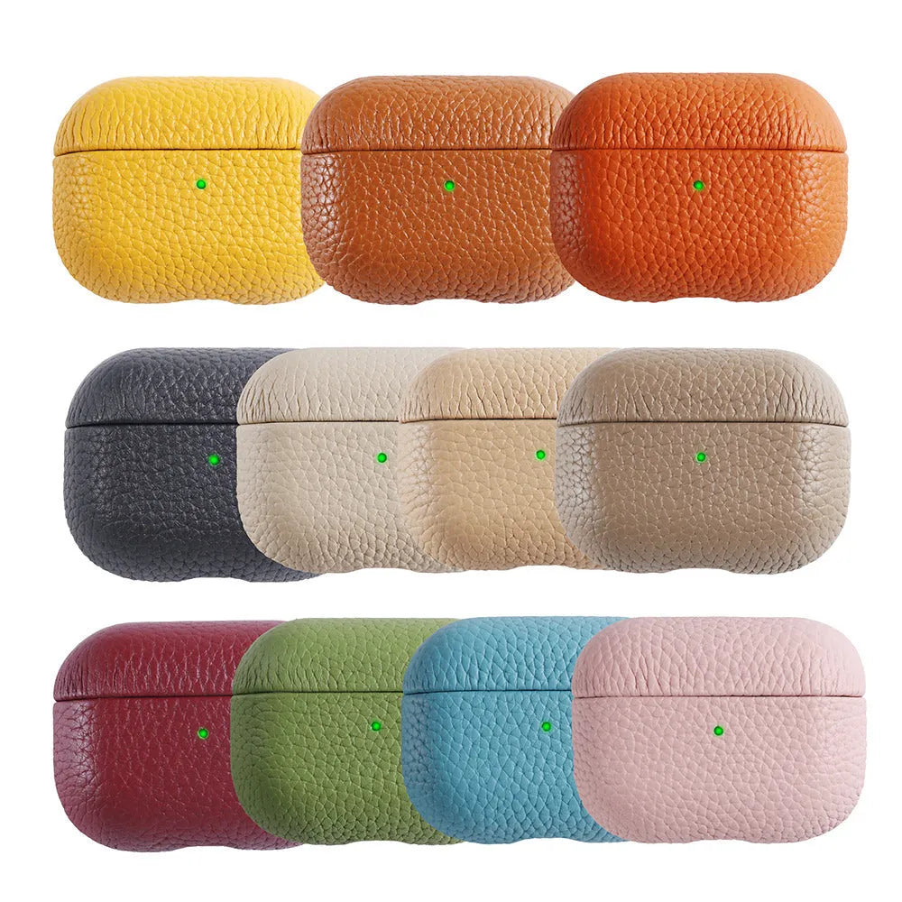 Genuine leather lychee pattern earphone cover in yellow for AirPods case full coverage