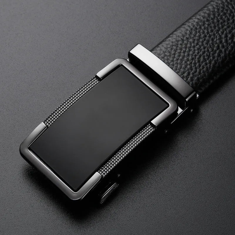 Men's automatic buckle leather belt in gun black, silver, and gold colours on a size chart