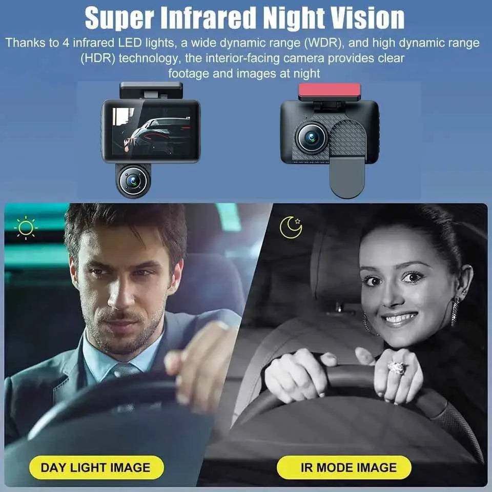 Black 4-inch touch screen car dash cam with wide-angle lens for front and back recording