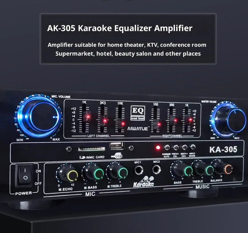 KA-305 black household power amplifier with Bluetooth and EQ equaliser, front panel controls and ventilation grille