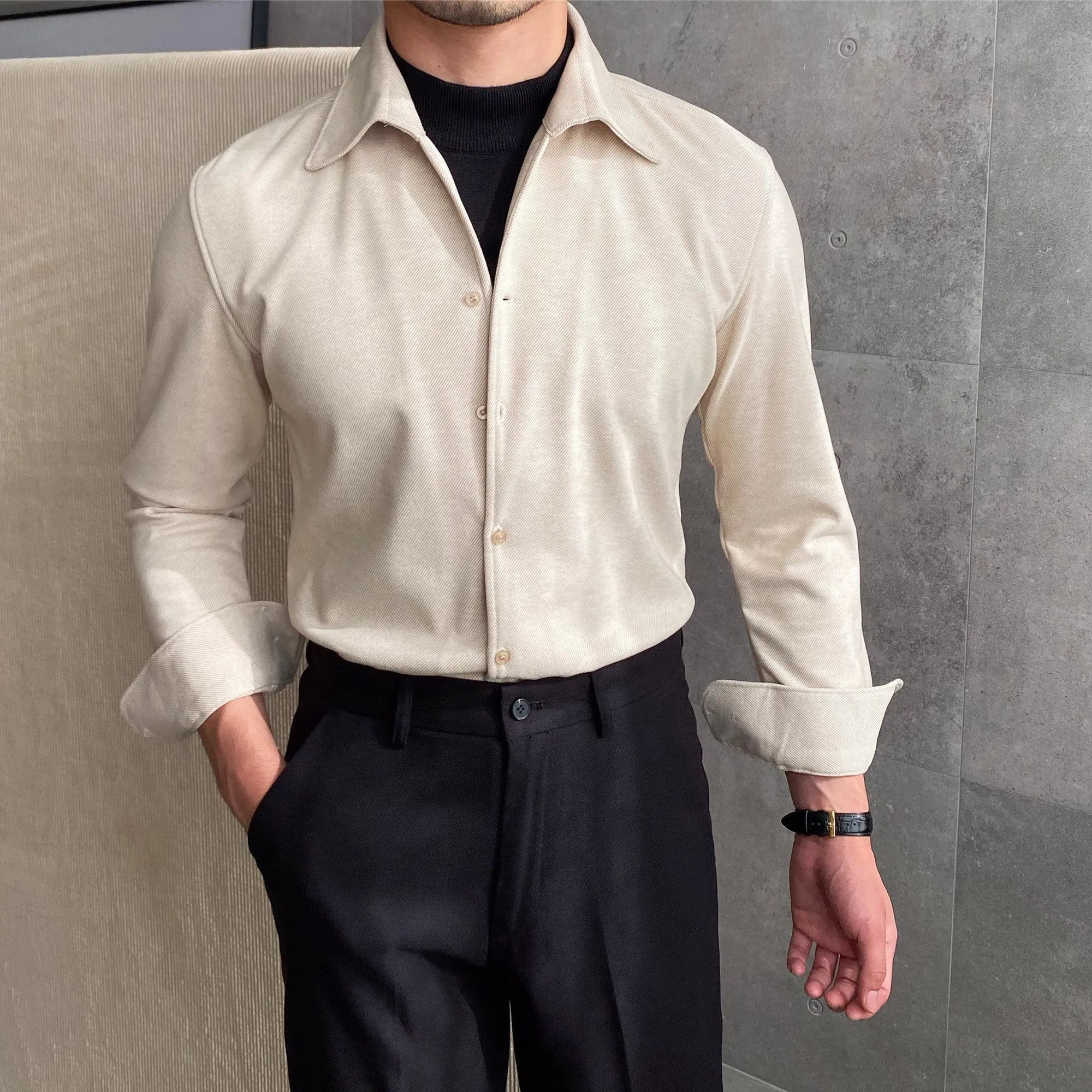 Casual men's shirt in blue with asymmetric design, viscose polyester blend, sizes M to 4XL