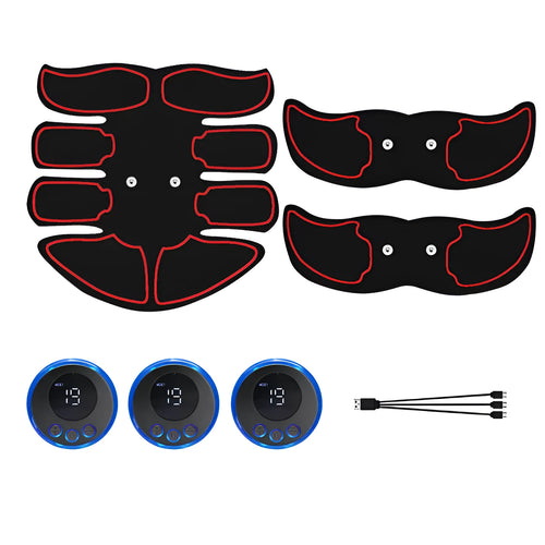 Abdominal muscle electrotherapy patch device with digital display, showing red, blue, and yellow edge colour options.
