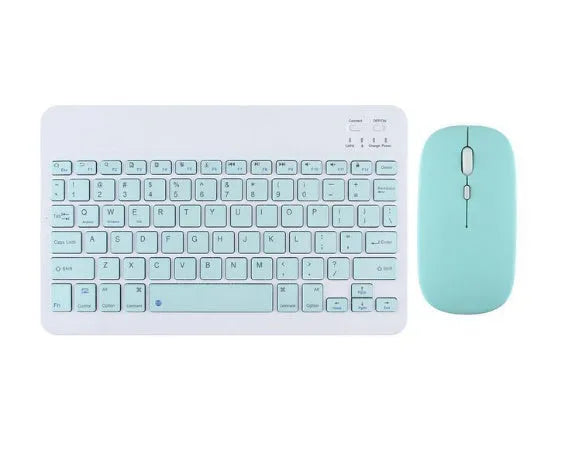 Bluetooth keyboard and rechargeable mouse set for tablet in elegant white on a desk