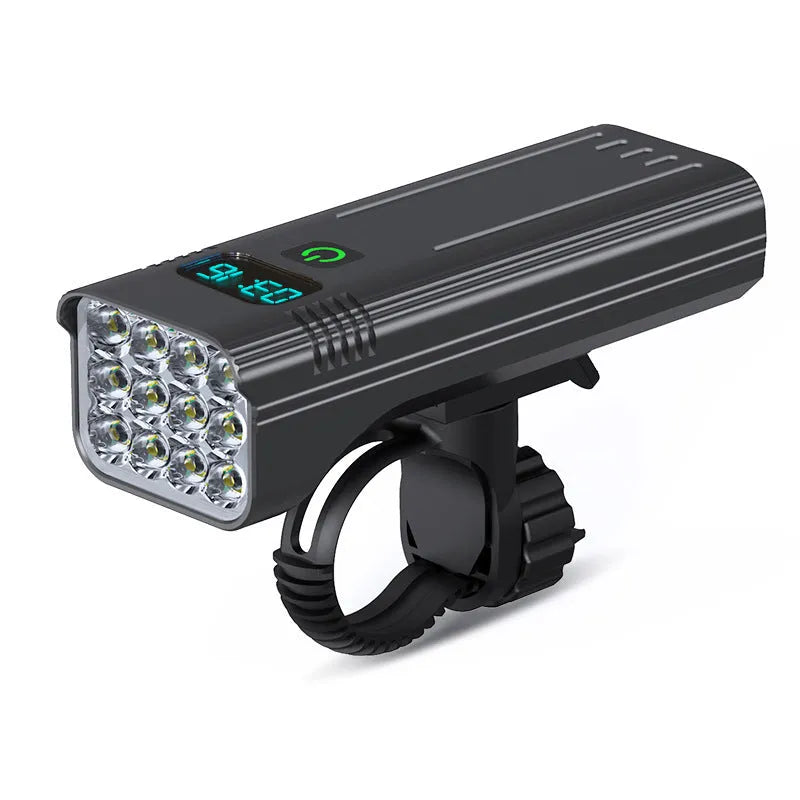Black aluminium alloy USB rechargeable bicycle headlight with digital power display mounted on handlebars