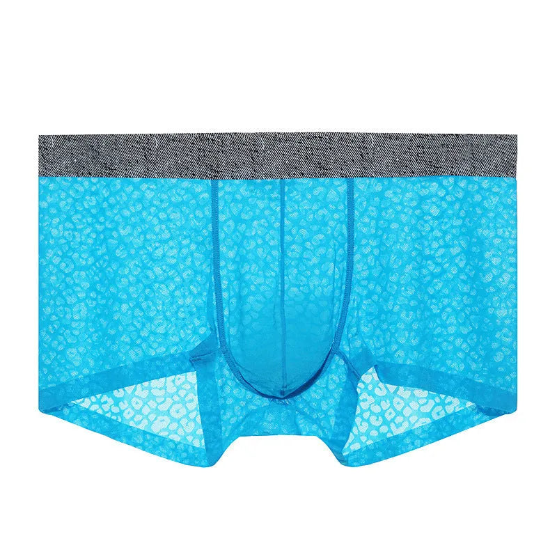 Men's black lace boxer briefs with a seamless design and low-waist fit.