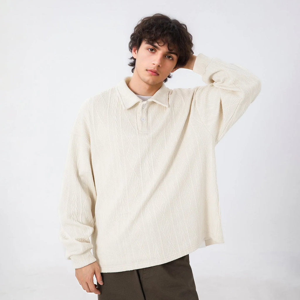 Men's texture jacquard lapel sweater in black or creamy-white, loose autumn pullover, sizes M to XXL