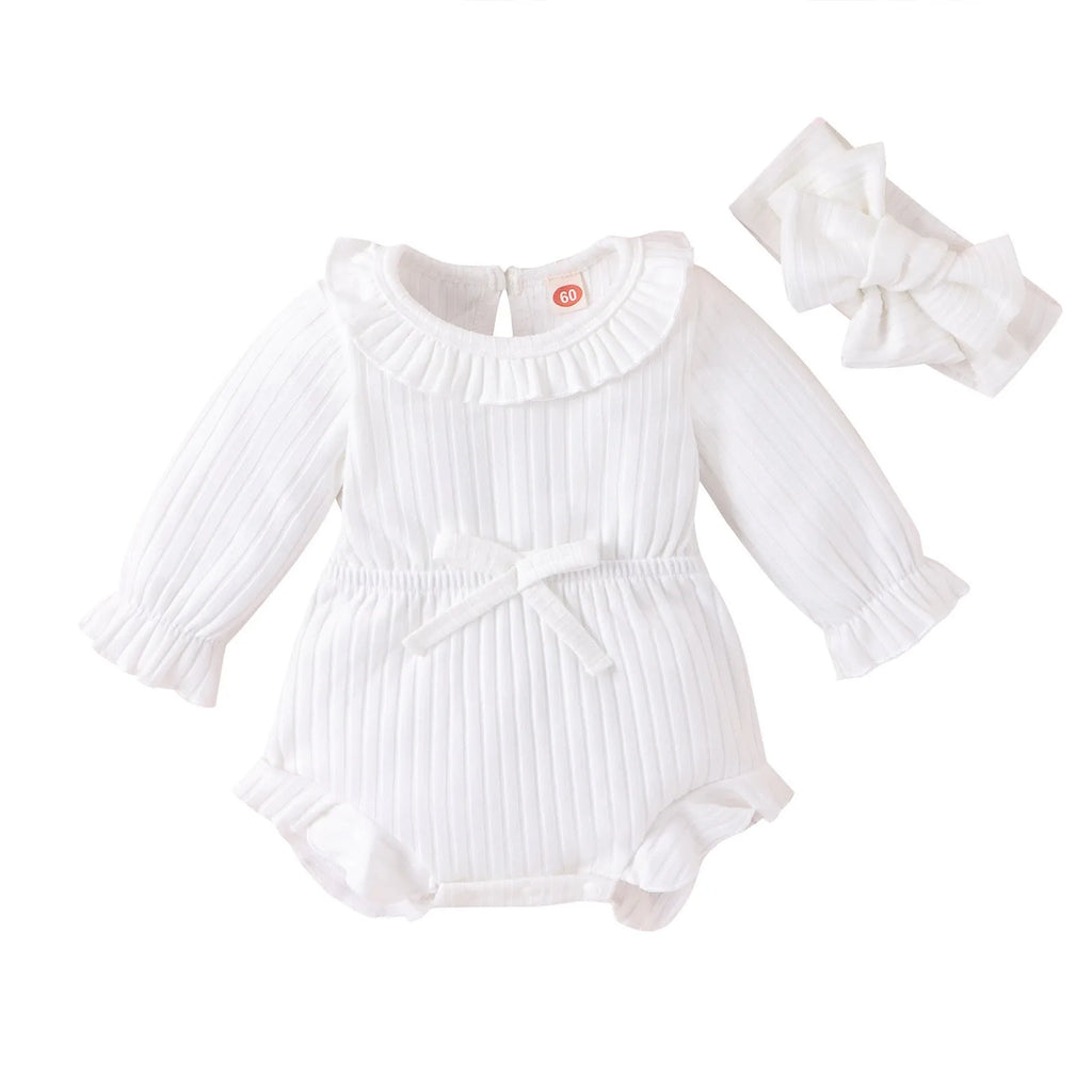 Baby girl long sleeve striped cotton romper with headscarf in white, pink, and brown options