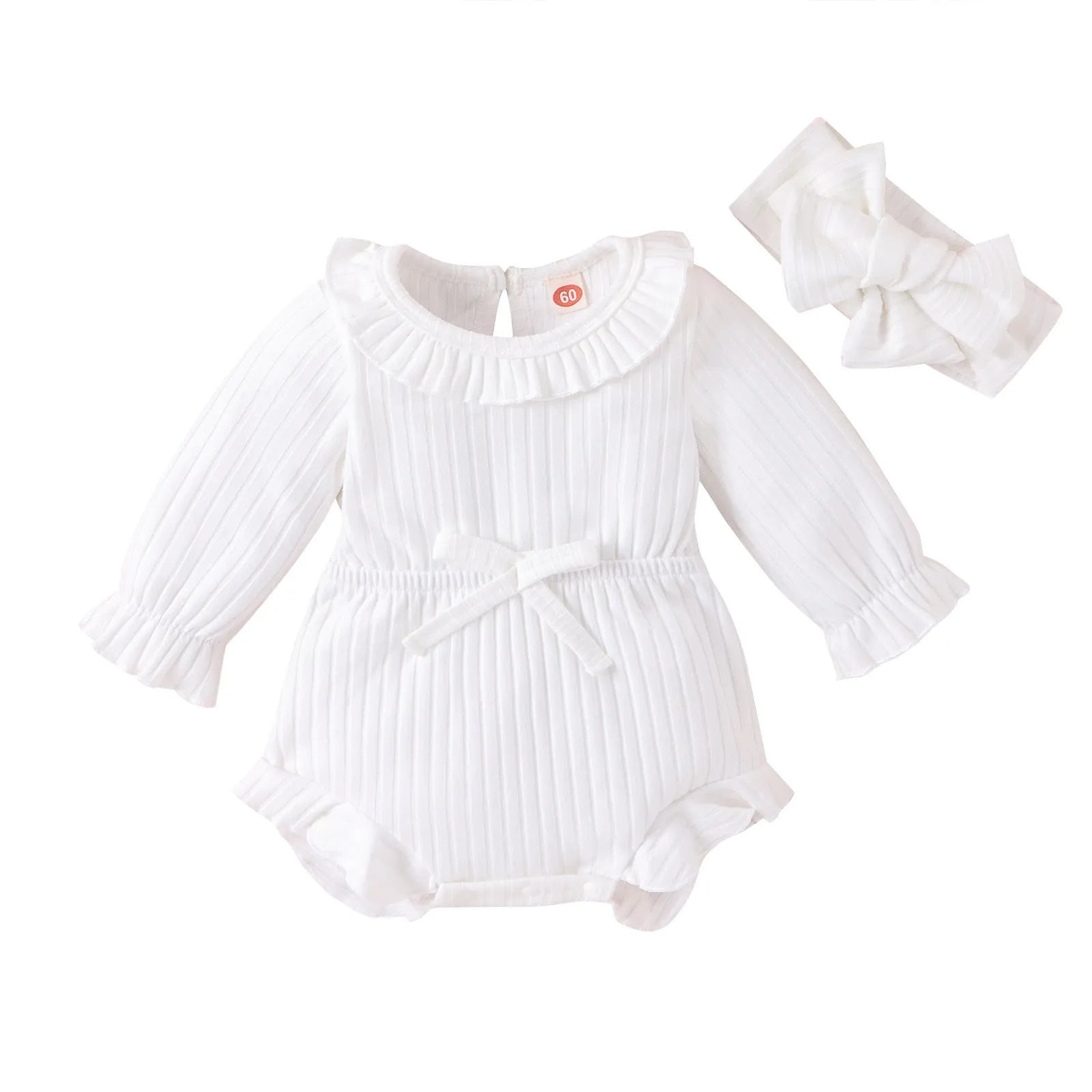 Baby girl long sleeve striped cotton romper with headscarf in white, pink, and brown options