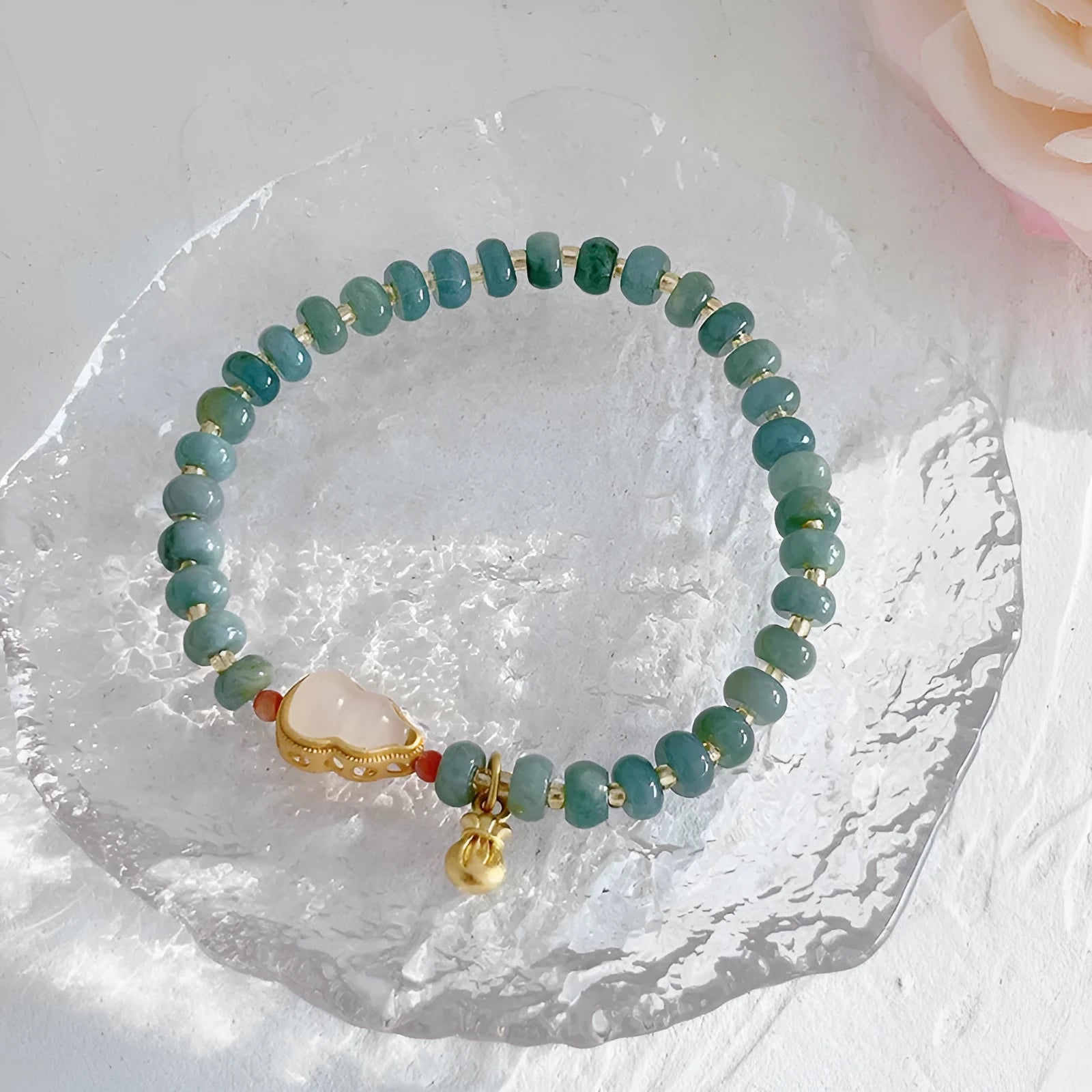 Women's natural blue water jade bead bracelet with gourd peace buckle charm