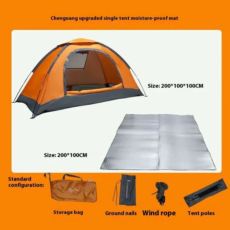 Single-person manual camping tent in army green, set up outdoors with fibre-glass poles.