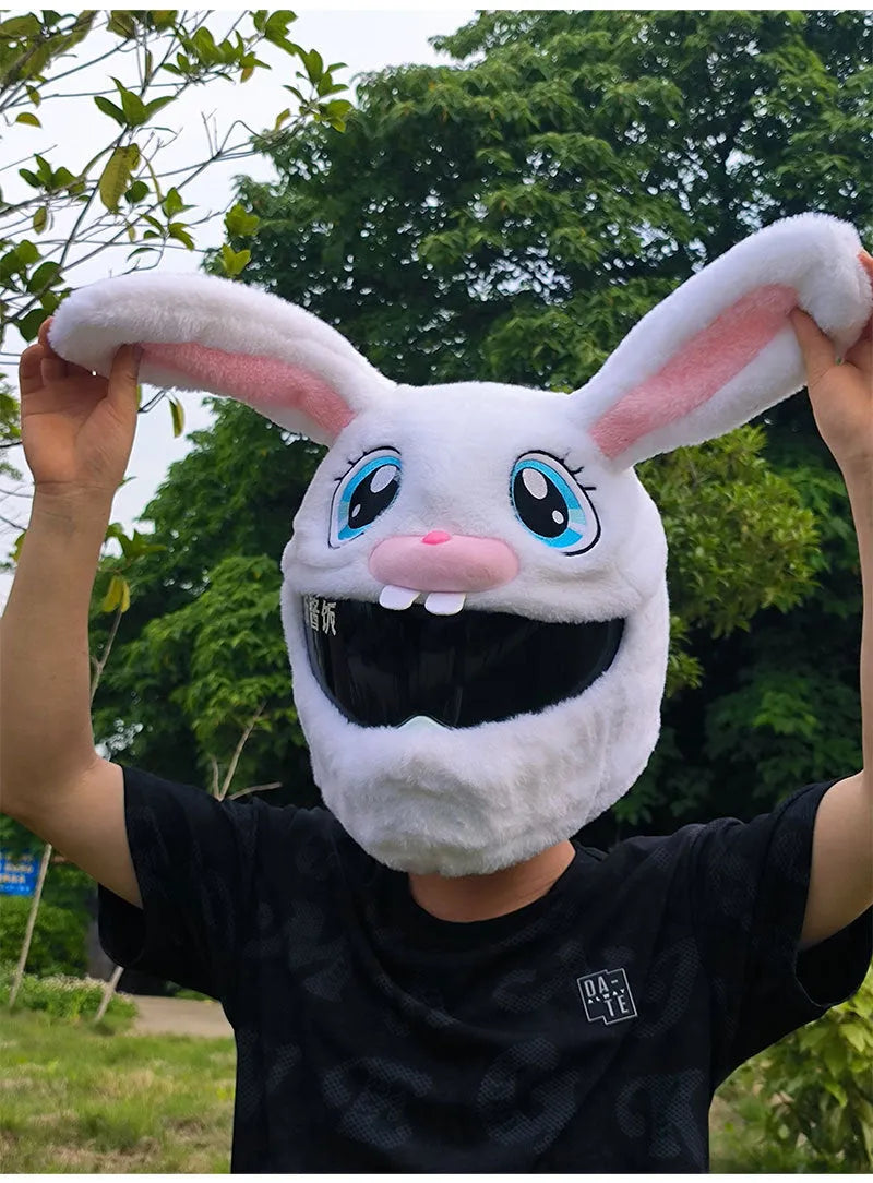 White rabbit plush helmet cover for electric motorcycle with long ears.