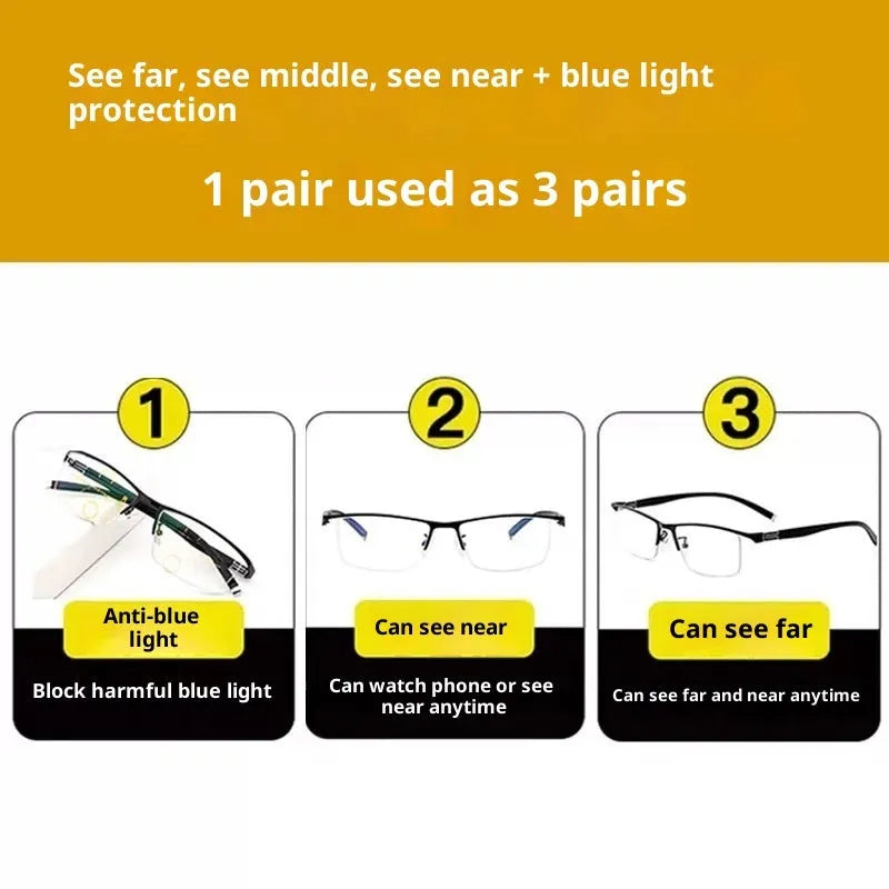 Integrated focus reading glasses with metal optical frame, dragon and phoenix pattern, black blue or gun colour