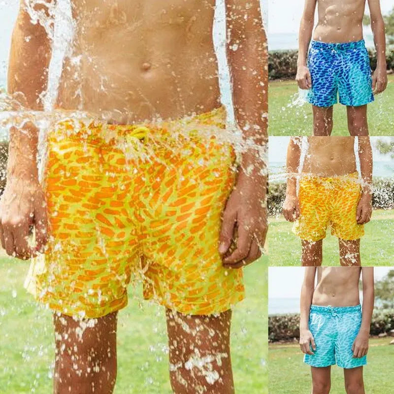 Thermochromic children's shorts in blue with colour-changing polyester fabric, solid colour design