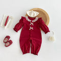 Red cotton long sleeve baby jumpsuit for autumn, double breasted climbing style, suitable for 66-90cm height