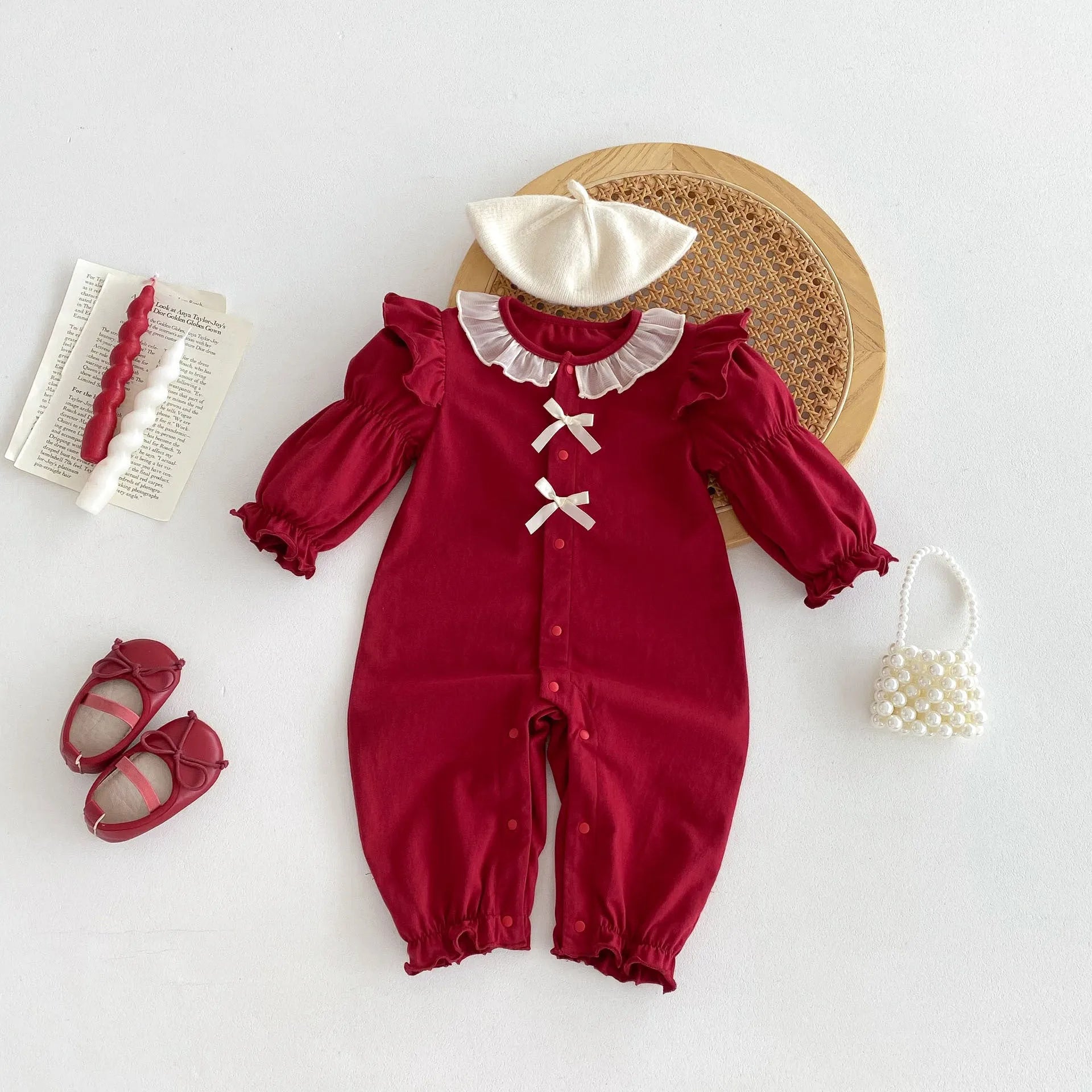 Red cotton long sleeve baby jumpsuit for autumn, double breasted climbing style, suitable for 66-90cm height