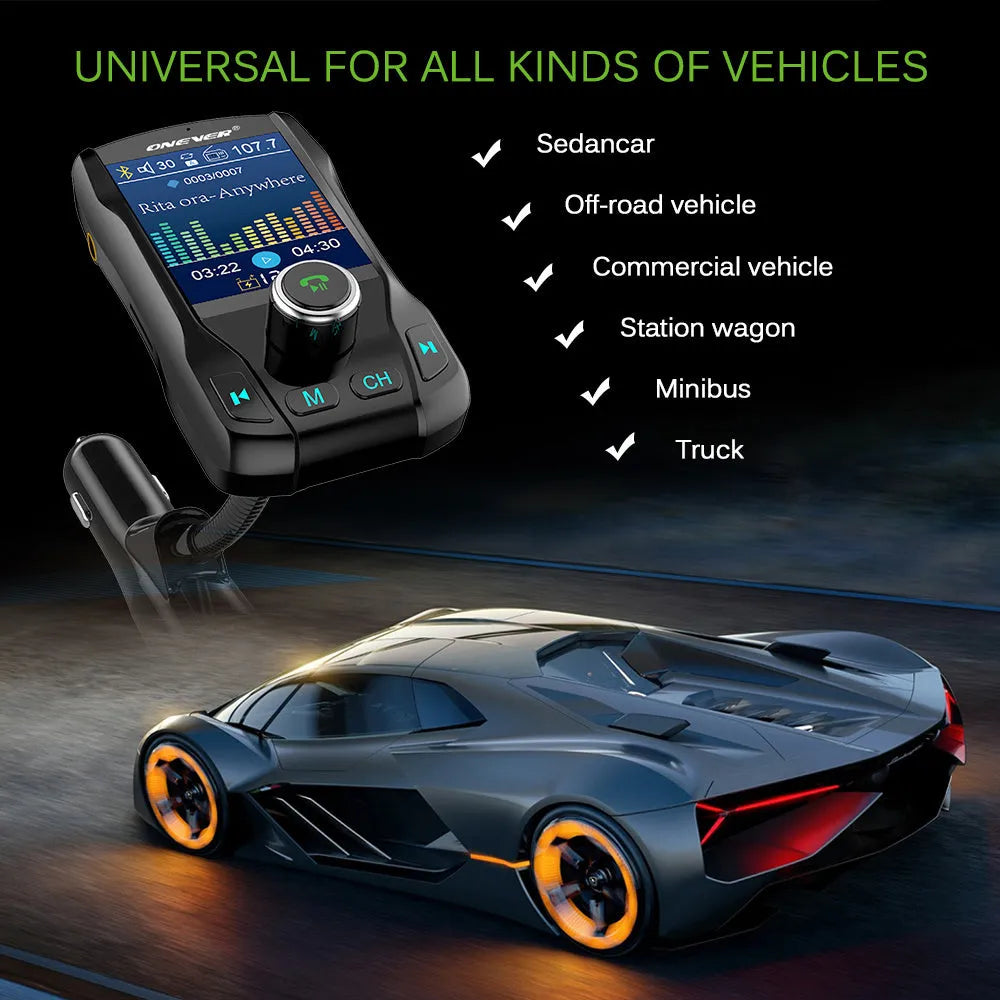 Black car Bluetooth FM transmitter with colour screen and dual USB ports for charging Apple and Android devices