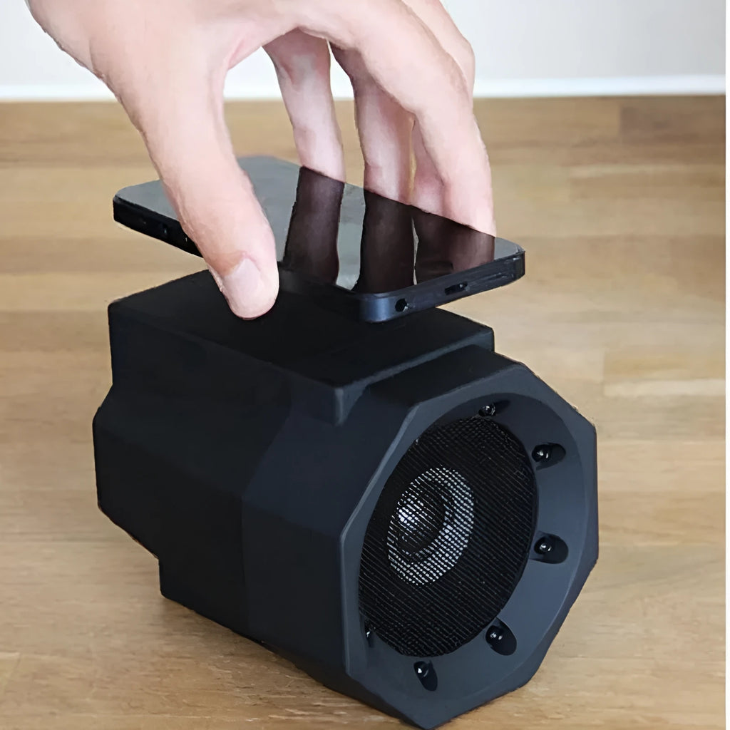 Smart Magnetic Induction Resonance Speaker in black, 15.5x12.5x11cm, with USB charging port