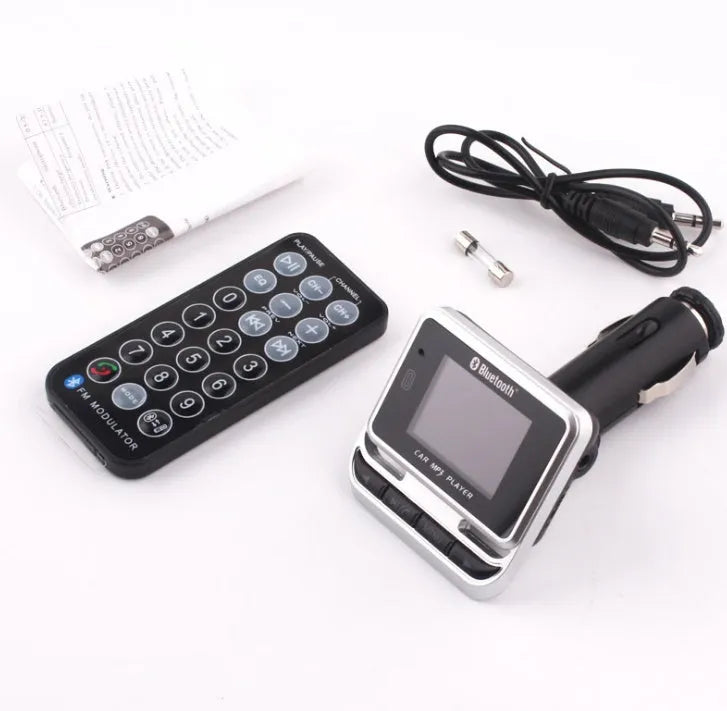 Silver car Bluetooth MP3 player with monochrome screen and FM transmitter for hands-free calling