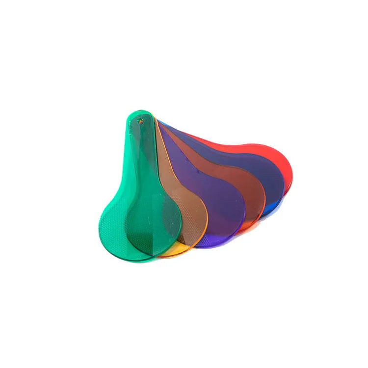 Set of six coloured PVC learning boards for kids: red, yellow, blue, green, orange, purple.