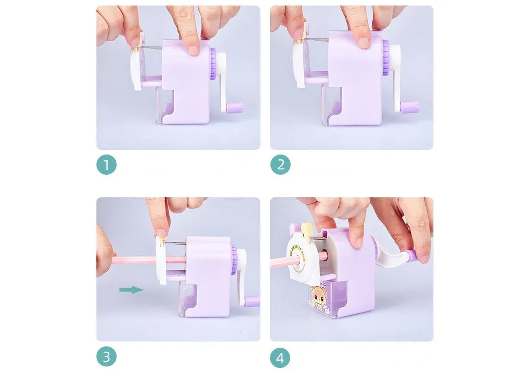 Blue geometric animal cartoon manual pencil sharpener on a desk.