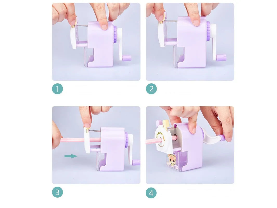 Blue geometric animal cartoon manual pencil sharpener on a desk.