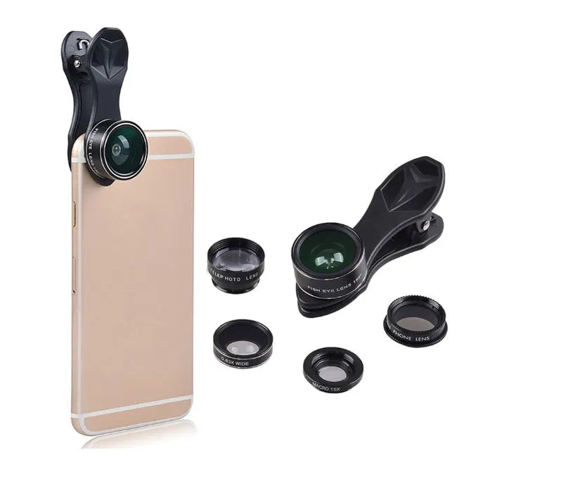 Universal 5-in-1 clip-on smartphone lens kit with fisheye, wide-angle, macro, telephoto, and CPL lenses on a black background.