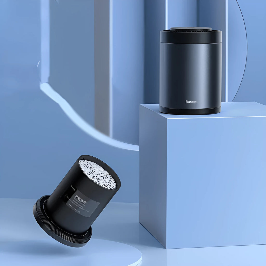 Car mounted cup seat aromatherapy solid balm with aluminium alloy cylinder and Gulong ointment in black or silver.