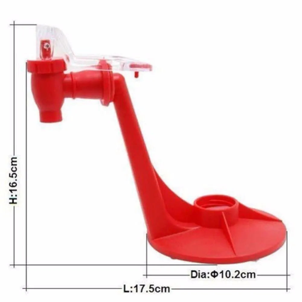 Red plastic Magic Tap soda drink dispenser attached to an inverted 2-litre bottle