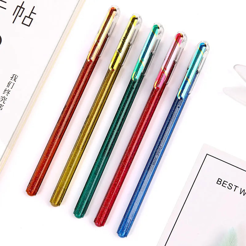 Flash gel pen with glitter ink in eight colours including purple and silver, showing 1.0mm tip.