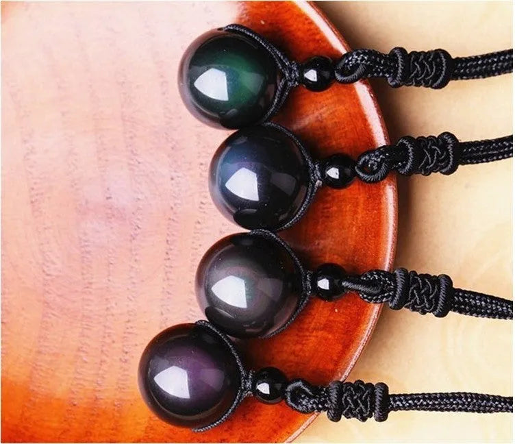 Natural obsidian rainbow eye transfer bead pendant necklace on polyester rope chain, 46cm length