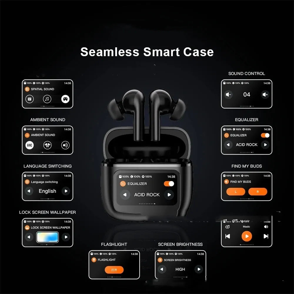 T68 PRO wireless Bluetooth in-ear headset with touch colour screen in black, silver, and champagne colours.