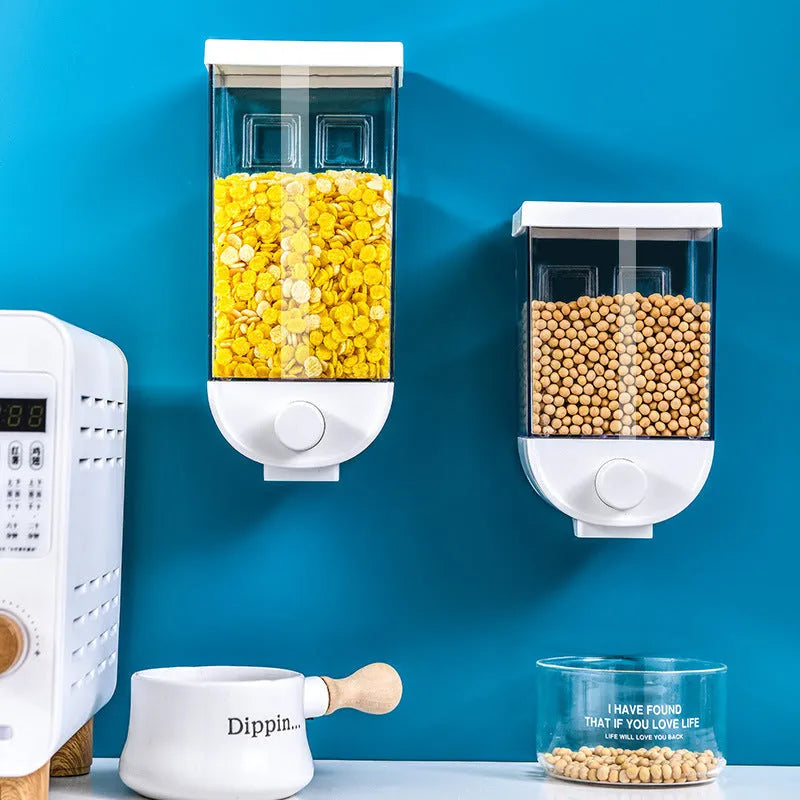 White wall-mounted transparent kitchen food storage container with dispenser lid for cereal and dry goods