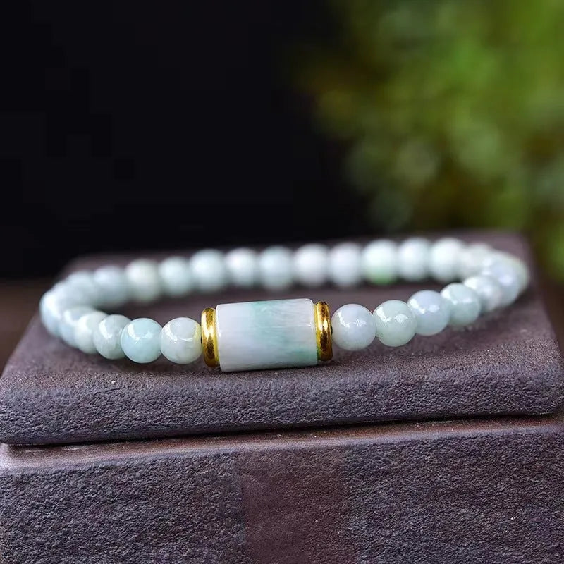Myanmar jade bracelet with emerald green ice stone lucky beads in ethnic geometric design