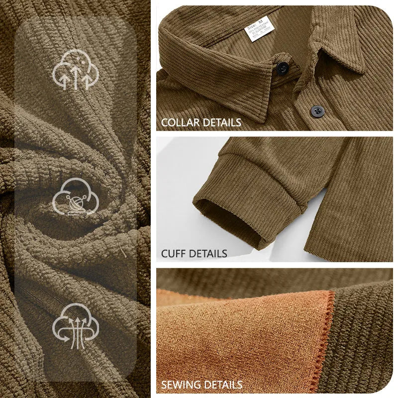 Men's corduroy long-sleeved pullover sweatshirt in navy blue, black, army green, light gray, and brown, sizes S to XXXL