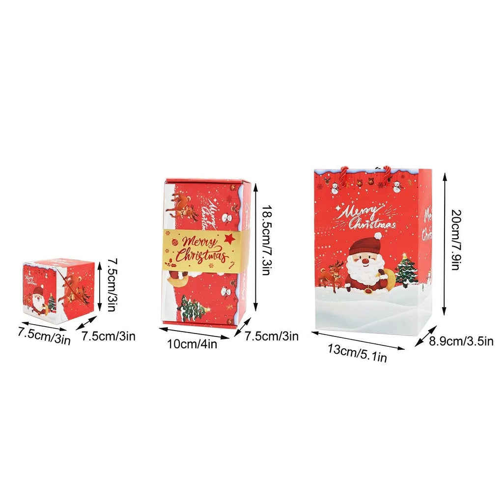 Paper surprise box gift set with bounce boxes, gift box and gift bag in red or green Santa snowman design