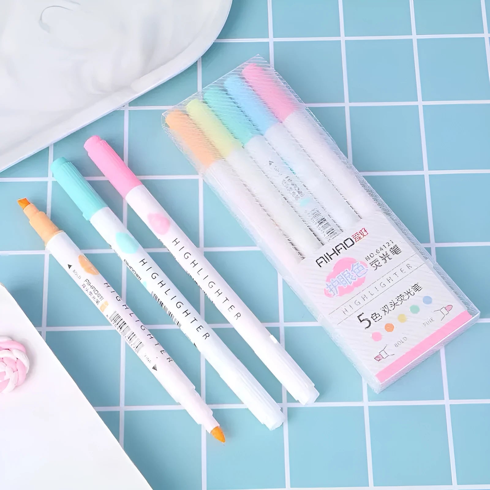 5 double-headed gel pens in different colours showing both chisel and fine bullet tip styles