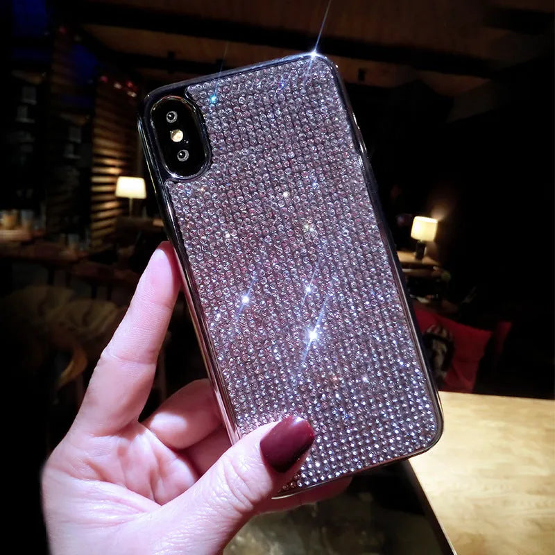 Silver silicone iPhone case with full diamond crystal decoration showing front and back views