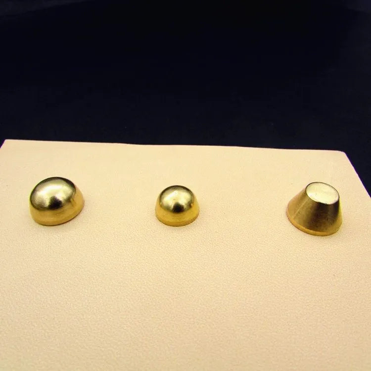 Brass decorative buckle foot nails in round and bucket styles measuring 10x6mm and 12x7mm