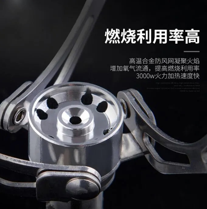 Portable folding mini camping stove made of stainless steel, copper, and aluminium with carry pouch